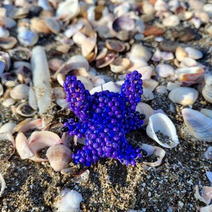 Close-up of a handcrafted beaded Stitch figurine keychain lying on a sandy beach with natural sea shells. Detailed 3D beadwork in vibrant purple and bright blue, perfect for animation fans and collectors.
