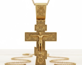 14K Gold Orthodox Cross Pendant, Russian Eastern Cross Necklace, Religious Crucifix Charm, Save and Protect Inscribed Cross Gift for Him
