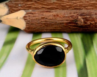 Black Onyx Ring, Oval Faceted Gemstone, Gold Vermeil