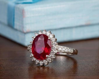Oval Ruby Halo Ring, 925 Sterling Silver, Vintage Art Deco Style