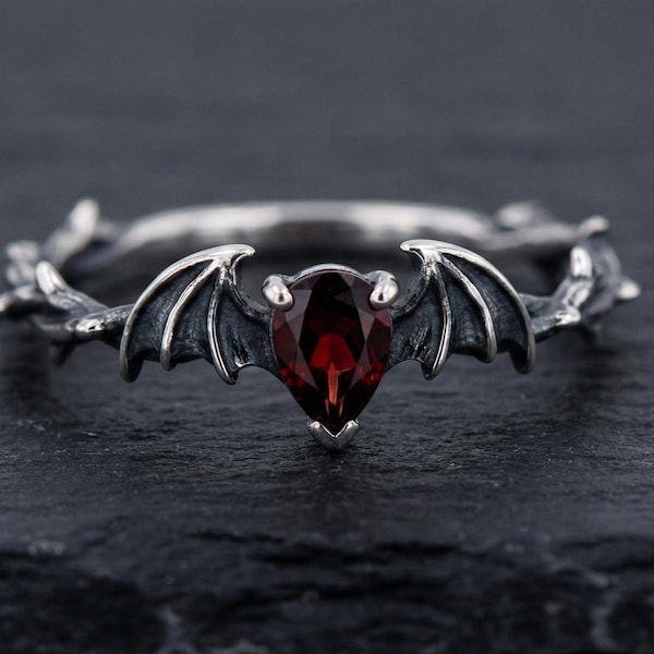 Gothic Bat Wing Ring, Sterling Silver Red Garnet, Vampire Jewelry, Thorn Band Ring, Alternative Engagement Ring, Witchy Gift