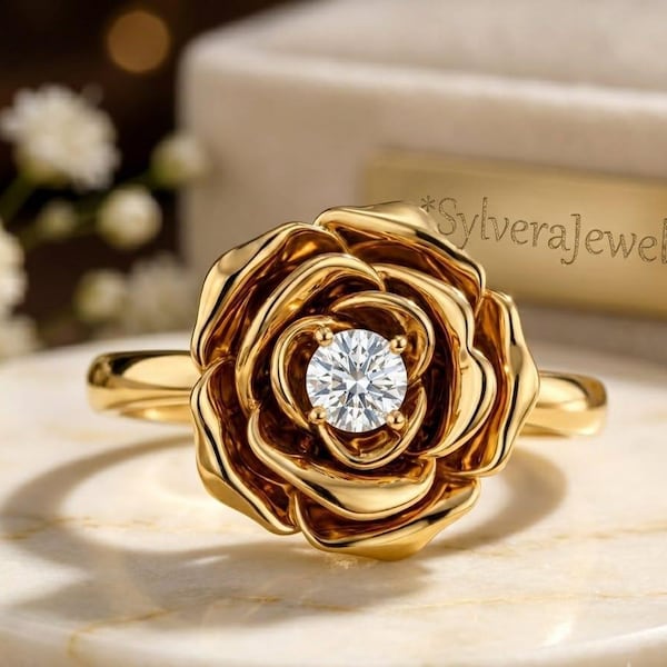 Rose Engagement Ring, Gold Flower Ring, Diamond Rose Ring, Floral Engagement Ring, Unique Promise Ring, Romantic Gift for Her
