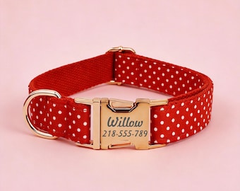 Personalized Red Polka Dot Dog Collar, Engraved Name, Matching Leash Available