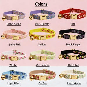 May include: A collection of twelve pet collars in various colors including light purple, dark purple, red, light pink, yellow, black purple, white, mint green, black red, light blue, coffee, and light green, each featuring a gold bell and buckle.