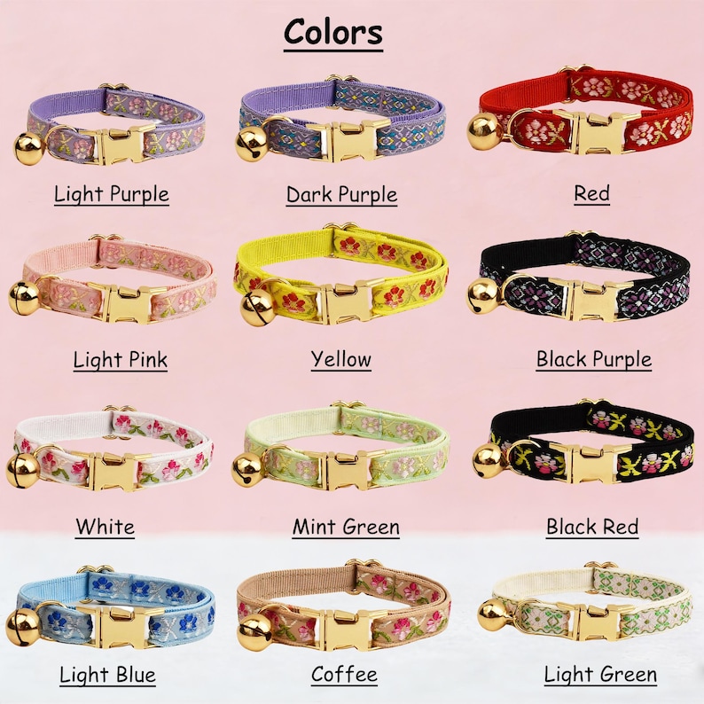 May include: A collection of twelve pet collars in various colors including light purple, dark purple, red, light pink, yellow, black purple, white, mint green, black red, light blue, coffee, and light green, each featuring a gold bell and buckle.