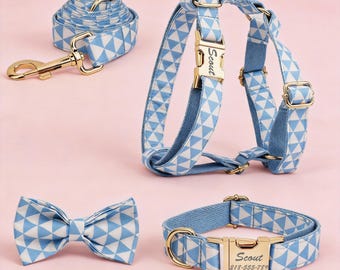 Blue Triangle Printing Dog Collar Harness Bowtie Set-Engraved Small Dogs Leash Collar Bowties Gift