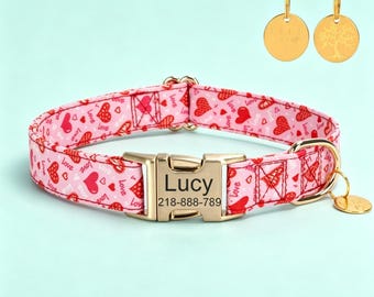 Personalized Heart Dog Name Collar with Matching Leash, Custom Engraved Pet Id Collars