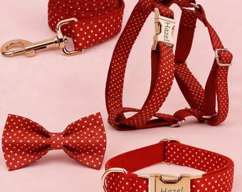 Personalized Red White Polka Dot Dog Harness, Custom Dog Collar with Name, Bowtie Leash