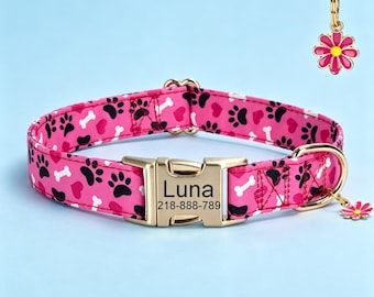 Custom Paw Dog Id Collar Matching Leash, Engraved Name Adjustable Metal Buckle Birthday Gift