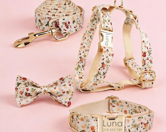 Floral Breakaway Dog Collars Harness Set With Name - Custom Engraved Dogs Collar  Birthday Gift