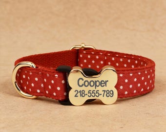 Personalized Red Polka Dot Dog Collar, Engraved Name, Matching Leash Available