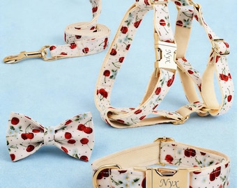 Adjustable Dog Harness, Leash, Bowtie, Collar Set – Cherry Shortcake | Modern, Stylish Engraved Name
