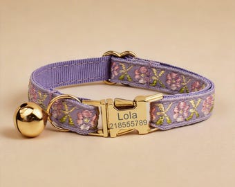 Light Purple Personalized Floral Cat Collar with Engraved Metal Buckle, Safety Breakaway Bell
