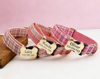 Pink Plaid Breakaway Dog Collar With Name -  Engraved Polyester Pet Dogs Collar Wedding Gift