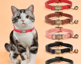 Leather Cat Collar, Personalized Cat Collar, Custom Cat Collar with Name, Kitten Collar with Bell Adjustable Cat Collar Vintage Pet Necklace