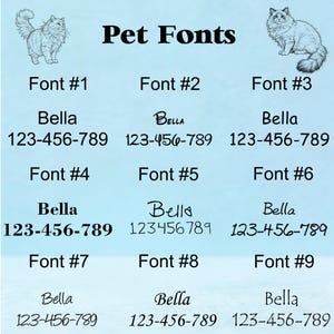 May include: A light blue chart titled Pet Fonts featuring two cat illustrations and nine distinct font styles. Each style displays the name Bella and the number sequence 123-456-789. The text is presented in black, organized in a grid format for selection.