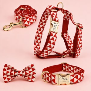 Red Triangle Printing Dog Collar Harness Bowtie Set-Engraved Small Dogs Leash Collar Bowties Gift