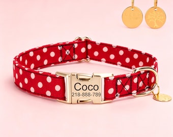 Personalized Red Dots Dog Collar with Matching Leash, Custom Engraved Nameplate Pet Id Collars
