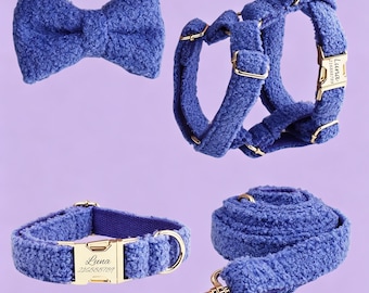 Personalized Teddy Dark Purple Dog Collar, Leash, Bowtie Harness Set, Engraved Buckle, Adjustable Durable