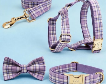 Personalized Purple Dog Harness and Collar Set, Puppy Bowtie Leash Harness With Engraved Name