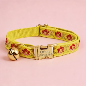 Custom Webbing Cat Name Collar, Personalized Adjustable Safety Kitten Collar, Durable Nylon Yellow