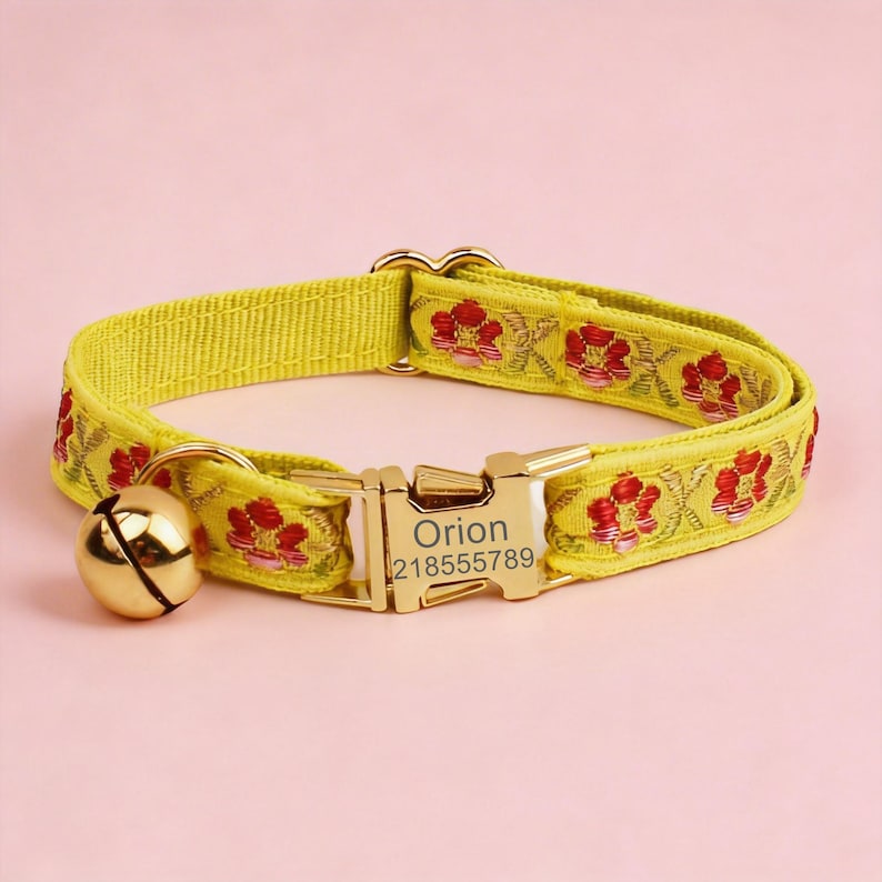 Custom Webbing Cat Name Collar, Personalized Adjustable Safety Kitten Collar, Durable Nylon Yellow