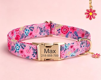 Custom Floral Dog Id Collar Matching Leash,  Engraved Name Adjustable Metal Buckle Birthday Gift