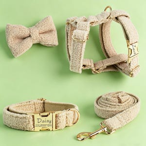 Könnte beinhalten: Beiges Hundeaccessoire-Set, bestehend aus einer Fliege, einem Geschirr, einem Halsband und einer Leine. Das Set verfügt über goldfarbene Hardware und einen weichen, strukturierten Stoff. Das Halsband ist mit einem Namen und einer Telefonnummer personalisiert.