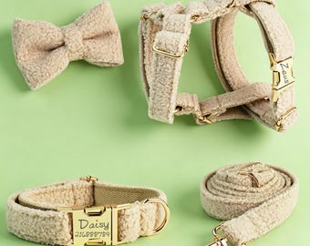 Personalized Teddy Dog Collar, Leash, Bowtie Harness Set, Engraved Buckle, Adjustable Durable