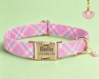 Personalized Pink Plaid Dog Collar and Leash Set, Custom Engraved Metal Buckle Pet ID