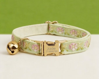 Mint Green Webbing Cat Collar, Personalized Floral Tribal Kitten Collar with Engraved Metal Buckle