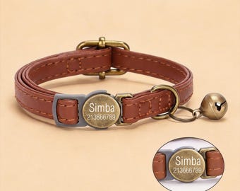 Brown Retro Faux Leather Cat Collar with Bell, Engraved Pet ID, Adjustable Safety Buckle