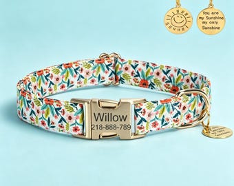 Personalized Floral Printed Dog Name Collar and Leash Set, Engraved Pet ID, Birthday Gift
