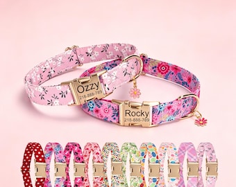 Personalized Floral Dog Collar Matching Leash, Custom Engraved Name, Adjustable Metal Buckle, Multiple Colors