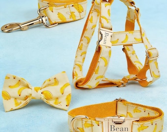 Banana Print Dog Harness Set - Custom Yellow Step-In Harness, Personalized Collar, Bowtie & Leash, S-XL