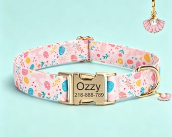 Personalized Easter Rabbit Dog Collar with Matching Leash, Custom Name Engraved Pet Collars Gifts