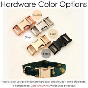 May include: Four metal side-release buckles in rose gold, silver, gold, and black finishes are displayed above a dark green collar with a gold feather pattern and a gold buckle. Text reads Hardware Color Options and includes selection instructions.
