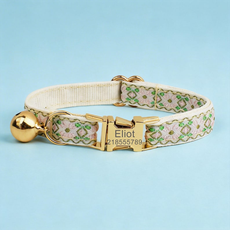Custom Webbing Cat Name Collar, Personalized Adjustable Safety Kitten Collar, Durable Nylon Light Green