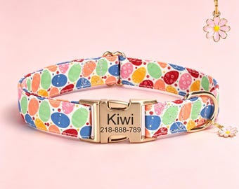 Personalized Easter Eggs Dog Id Collar with Matching Leash, Custom Name Engraved Metal Buckle