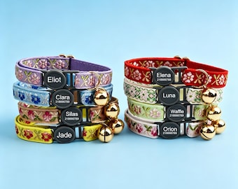 Custom Webbing Cat Collar, Personalized Floral Tribal Kitten Collar with Engraved Metal Buckle