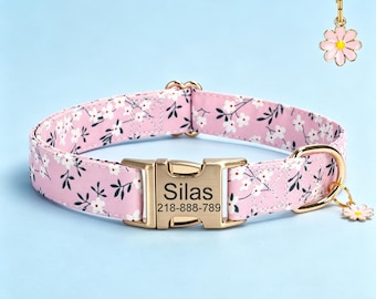 Personalized Lucky Flower Dog Collar with Matching Leash, Custom Name Engraved Pet Collars Gifts