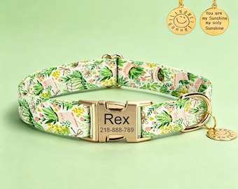 Personalized Grass Green Dog Collar with Matching Leash, Custom Engraved Nameplate Pet Id Collars