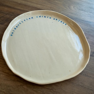 Pode incluir: Prato de cerâmica branco-sujo com formato irregular. A borda é marrom claro e o texto azul diz "unidentified edible object". O prato está sobre uma superfície de madeira.