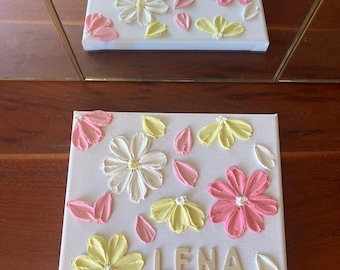 Bloemenreliëfschilderij • Handgemaakte kunst met textuur • Wanddecoratie • Aanpasbaar met namen en bloemkleuren