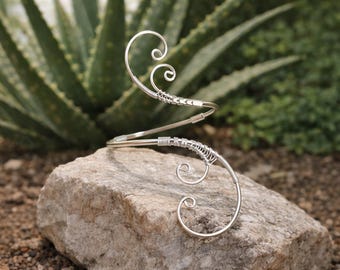 925 Sterling Silver Spiral Arm Cuff | Wire Wrapped Swirl Upper Arm Bracelet