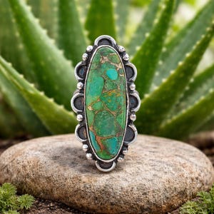 Green Copper Turquoise Ring: Handmade 925 Sterling Silver Boho Band