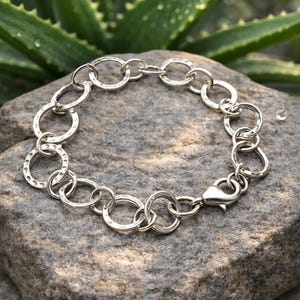 Puede incluir: Una pulsera plateada con una serie de eslabones ovalados interconectados. La pulsera está hecha de metal brillante y tiene un cierre de mosquetón. La pulsera descansa sobre una piedra gris, con follaje verde en el fondo.