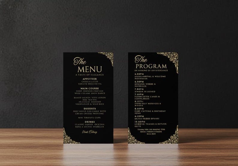 Modern Wedding Menu Template, Digital Wedding Menu Card, Black and Gold ...