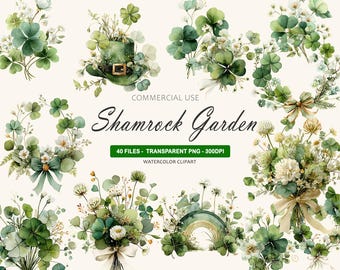 Shamrock Clipart PNG Bundle for St Patrick’s Day Cards Invitations Stickers Transparent Watercolor Clover Graphics