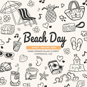 Puede incluir: Un conjunto de imágenes prediseñadas de garabatos en blanco y negro dibujadas a mano con un tema de playa. La imagen incluye una sombrilla, una silla, una toalla, una piña, una bolsa de playa, una cámara, chanclas y el texto "Beach Day".